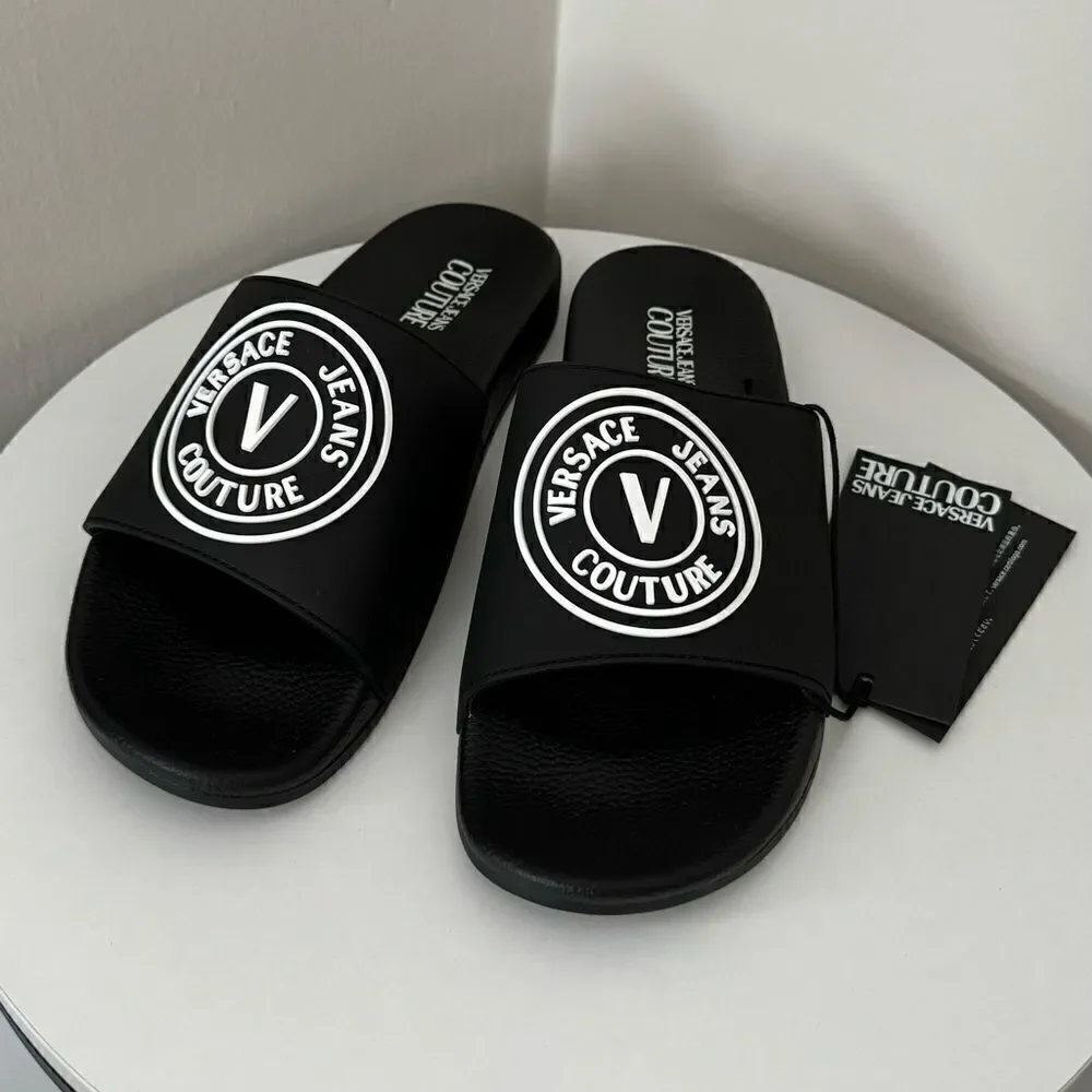 ⭕️ VERSACE JEANS Men’s Slippers Flit Flops Sandals Black Designer 43 US 10